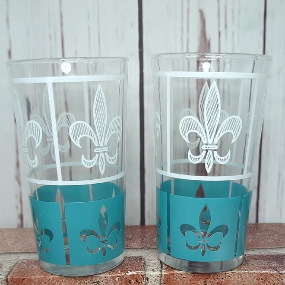 Hazel Atlas Set of 6 Glasses Tumbler White Turquoise 12oz. Highball Fleur-de-Lis - Picture 3 of 16